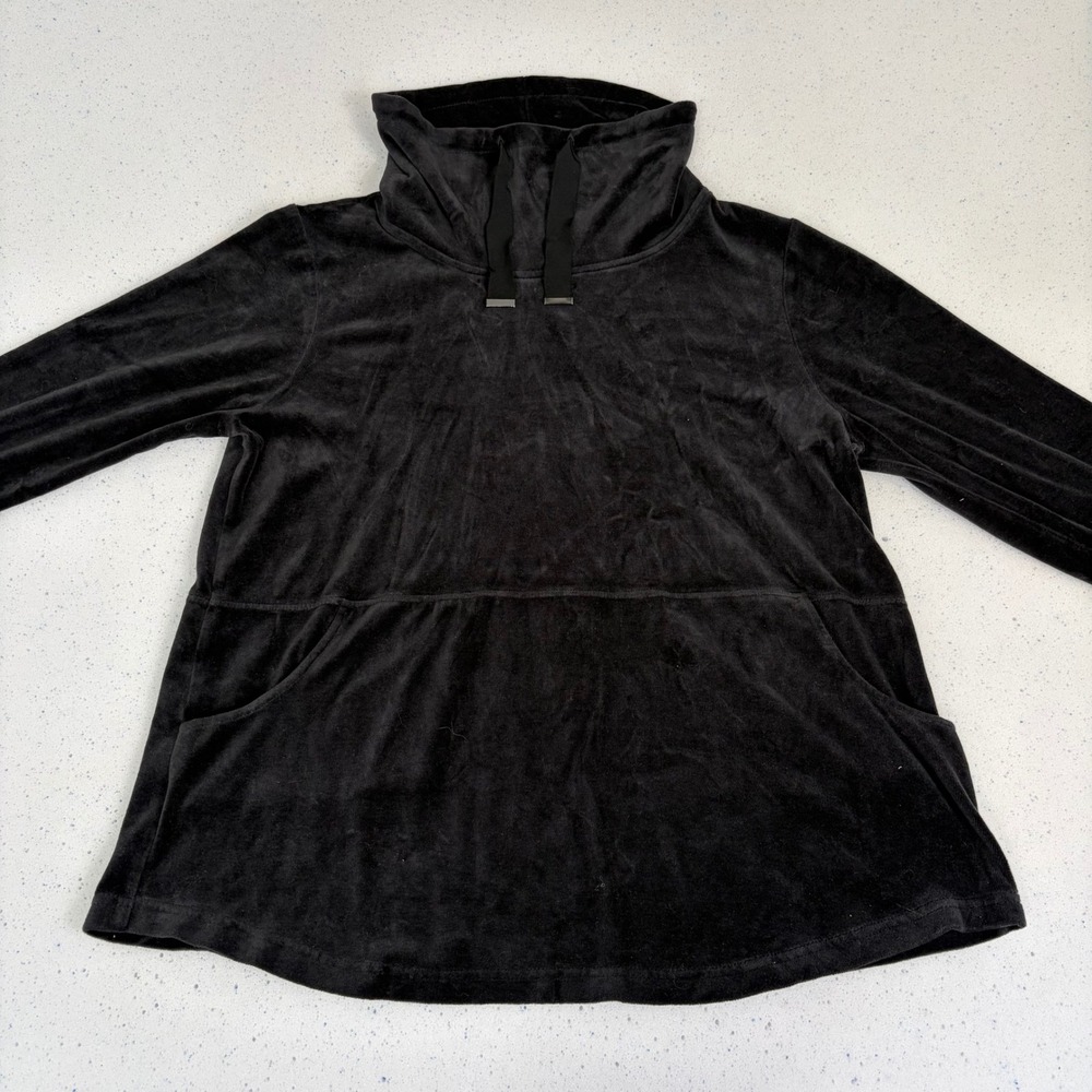 Chico's Zenergy Black Velour Cowl Neck Tunic Pullover Kangaroo‎ Pocket  Sz 12/14